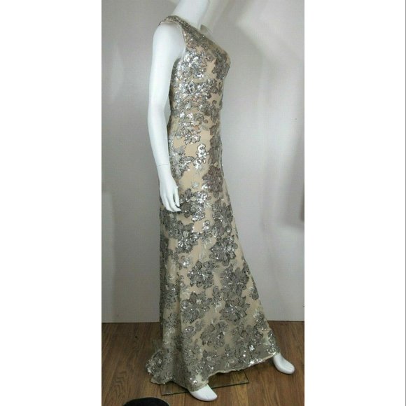 Vince Camuto Metallic Floral Sequin One-shoulder Gown, Womens Size 2 - Picture 3 of 6